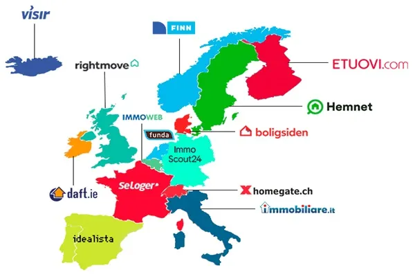 Europske zemlje s logom vodeće stranice za nekretnine